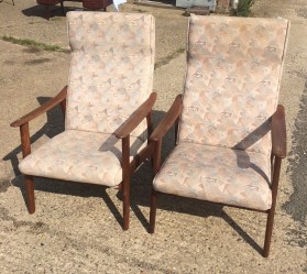 Pair high back teak arm chairs